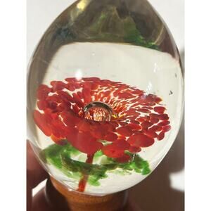 Vintage Egg Shaped Floral Glass Art. Red/green Flower on stand. Paperweight